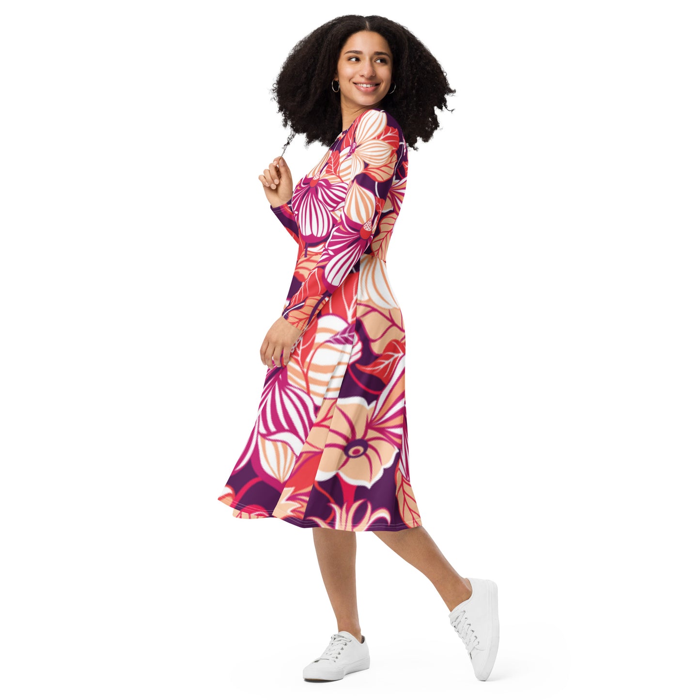 All-over print long sleeve midi dress