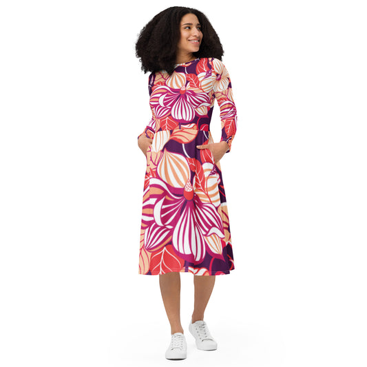 All-over print long sleeve midi dress